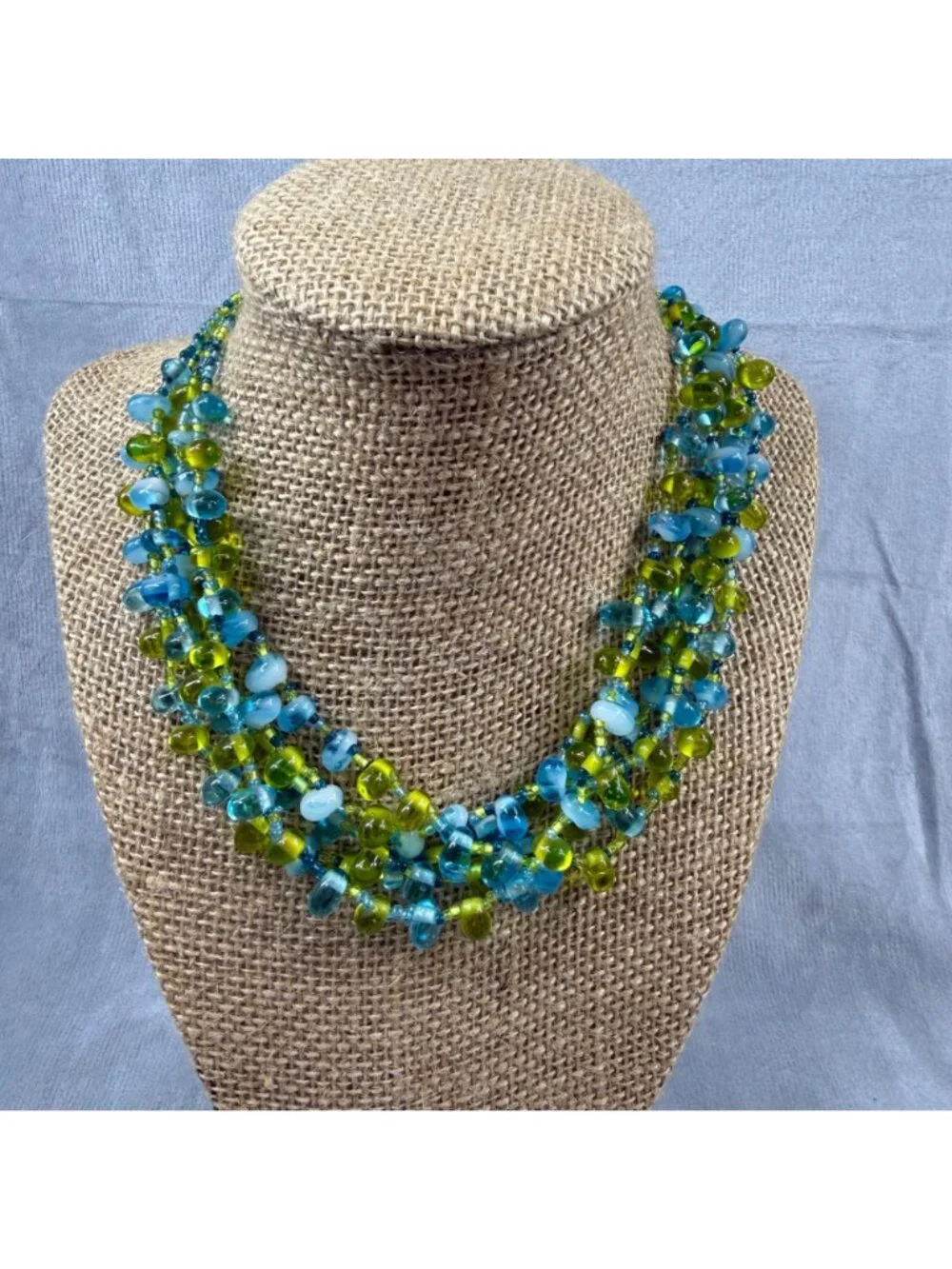 Multistrand Blue & Green Glass Beaded Necklace - Statement Piece Women Vintage
